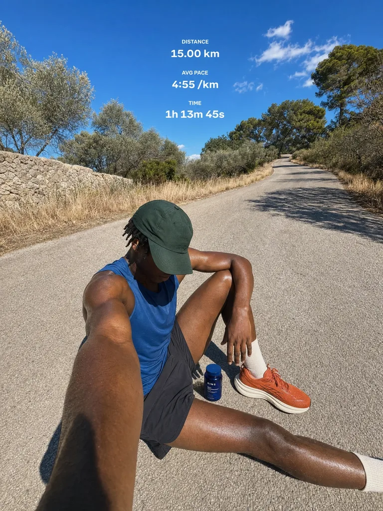Original Kins runner seated after a 15 kilometer effort with one palm-scaled Daily Performance jar beside him